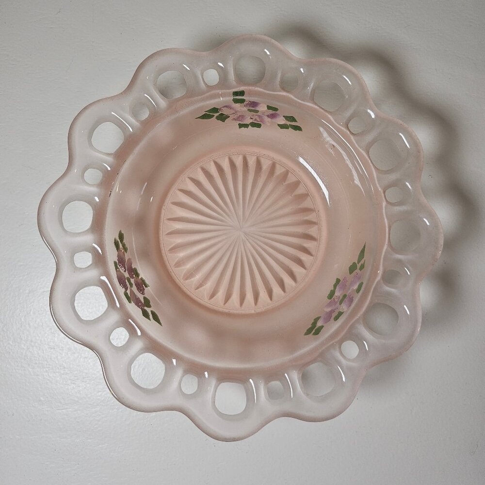1930s Lancaster Glass Openwork Frosted Floral Decorated Pink Serving Bowl 7.5"